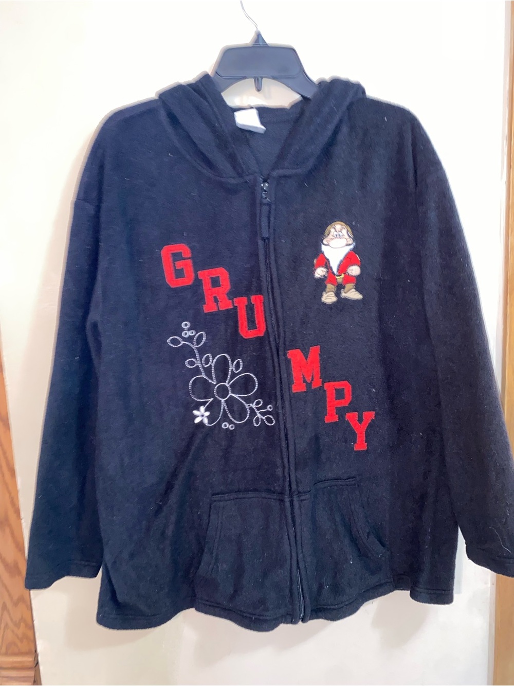 Vintage women’s Disney Black Hooded Zip Sweatshirt with Red 'GRUMPY' Lettering